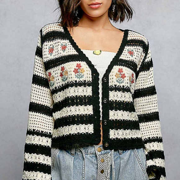 POL Sweaters - POL Crochet Stripe Floral Embroidered Cardigan One Size Boho Cottagecore